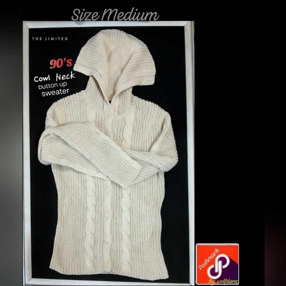 The Limited Cream Cable Knit Cowl Neck ButtonUp Sweater Size Medium Vintage 90's